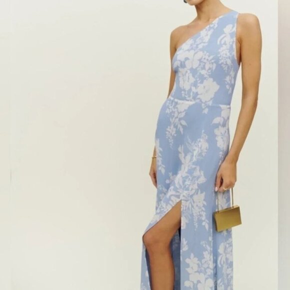 NEW Reformation Evelyn Maxi Dress One Shoulder Side Slit Aliso Blue Floral sz 2 - Picture 3 of 15